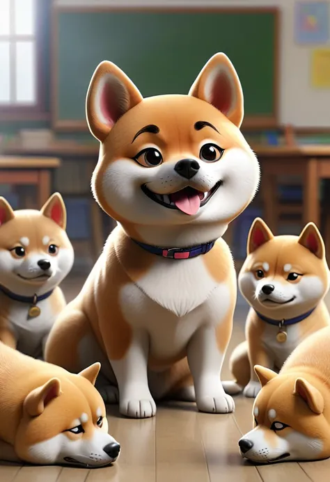 In the classroom, a group of dogs surrounding Shiba Inu Shiba, who is standing on all fours, looking at him coldly.