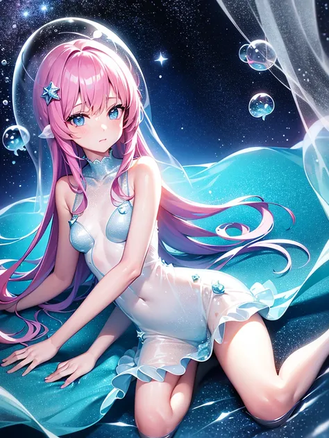 ((inside a big glass ball))(underwater) (floating bubbles) Under the sea ((fantastic starry sky )) (jellyfish) （Healing）((little))  (transparent dress)（sit）  The Little Mermaid   pink hair
 blue Eye