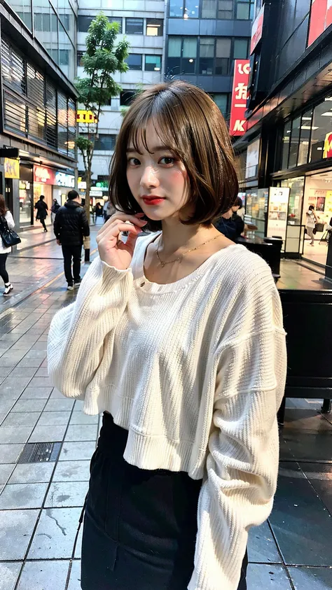 a beautiful japanese woman with very short bob haircut, full body shot, wearing fashionable clothes, necklace, simple background, (best quality,8k,32k,masterpiece:1.2),cinematic aesthetic:1.4,beautiful fashion model photo in bokeh city night,full body shot...