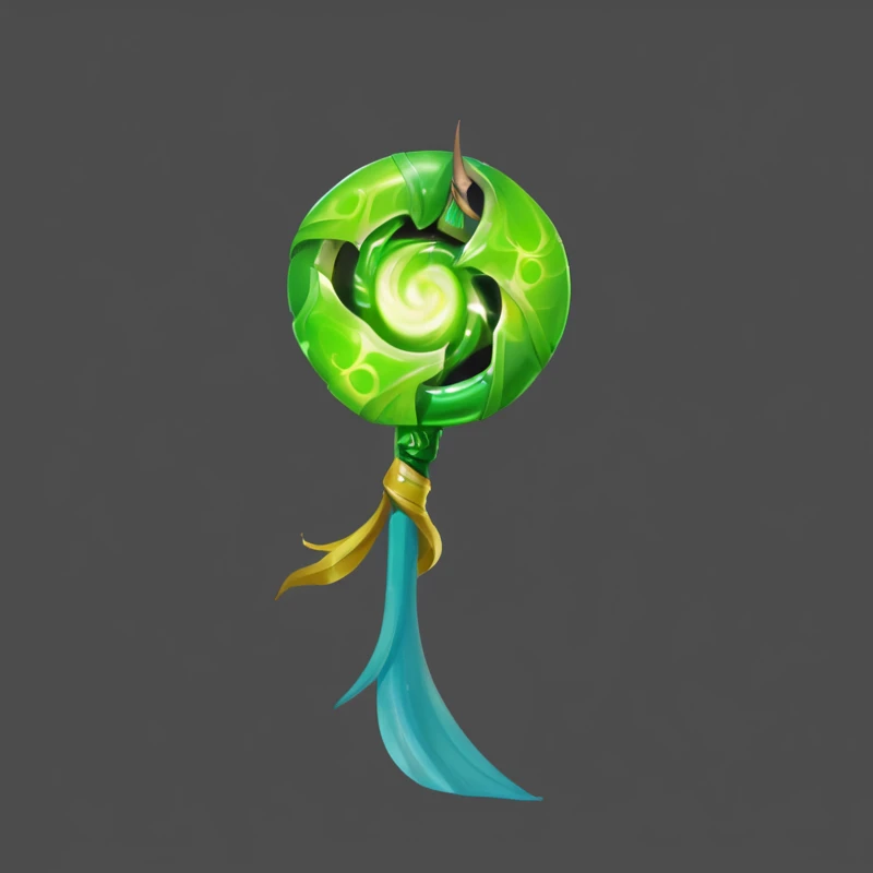 A yellow-green lollipop with a long tail, Capability Image, Object Art, Magic Wand, Dragon Staff, Fantasy game spell symbols, RPG item rendering, glowing Dragon Staff, Role Playing Game Items, glowing green soul blade, hero prop, object concept art, Dragon...