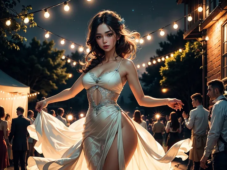 A beautiful woman dancing in the moonlight at an outdoor night , long flowing dress, elegant movement, moonlit outdoor scene, lush foliage, string lights,  atmosphere, detailed facial features, intricate hairstyle, photorealistic, cinematic lighting, vibra...