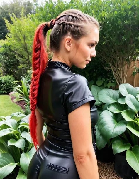 1girl, 22 years old, caucasian, by rubio, with a great (braided ponytail that falls over her shoulder:1.8), in a very colorful garden, colorful flowers, He wears a black and red leather jumpsuit that is very tight to the body., short sleeve, micro short, (...