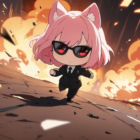 Top quality, masterpiece, chibi character, pink hair, girl with animal ears, red eyes, black suit, sunglasses, agent, movie film style, leisurely walking through explosions