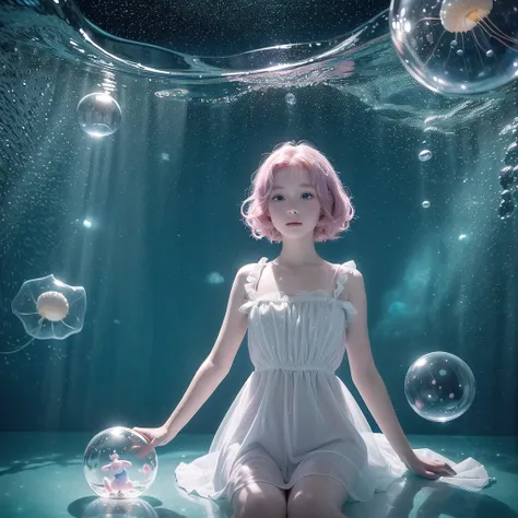 ((inside a big glass ball))(underwater) (floating bubbles) Under the sea ((fantastic starry sky )) (jellyfish) （Healing）((little))  (snow white dress)（sit）  The Little Mermaid   pink hair
 blue Eye