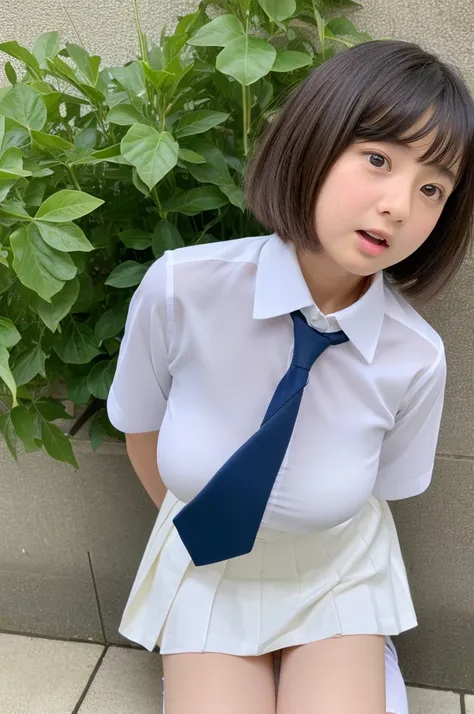 ((highest quality, masterpiece :1.3)), Photorealistic、Ultra-high resolution、Natural skin texture、Hyperrealism、Photograph from the knee up、12 year old beautiful Japanese girl、Short Hairstyles、Large breasts、White collared shirt and tie、mini skirt、Frightened ...