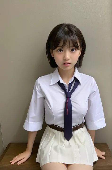 ((highest quality, masterpiece :1.3)), Photorealistic、Ultra-high resolution、Natural skin texture、Hyperrealism、Photograph from the knee up、12 year old beautiful Japanese girl、Short Hairstyles、Large breasts、White collared shirt and tie、mini skirt、Frightened ...