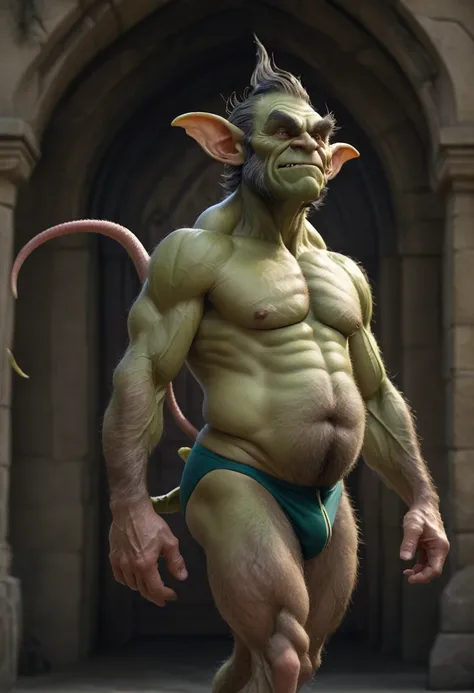 a tall goblin, hairy, muscular, speedo, BIG belly, swollen intestines, prominent belly, pointed ears