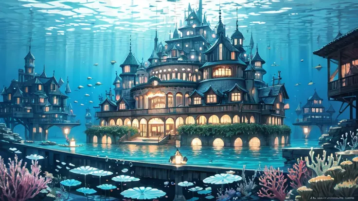 Submerged city, underwater opera house, illustration, nostalgic, underwater, water city, vivid, background only, bright, underwater