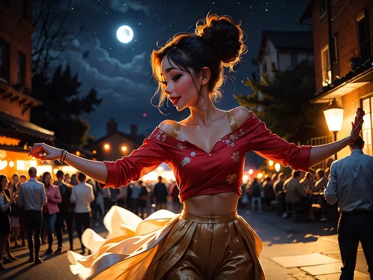 A beautiful woman dancing in the moonlight at an outdoor night ,