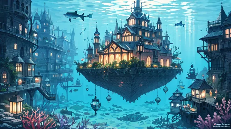 Submerged city, underwater opera house, illustration, nostalgic, underwater, water city, vivid, background only, bright, underwater