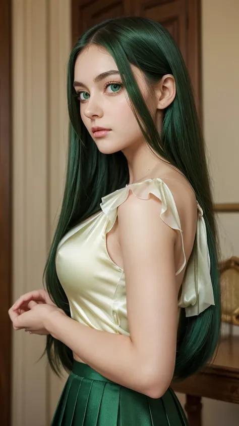 a girl.  face sent feeling.  Europe.  Oval face.  long face.  delicate facial features.  sad eyes.  seductively seductive.  green eyes.  long straight hair.  green hair like.  cute expression.  big body.  Pleated silk skirt.  straight face