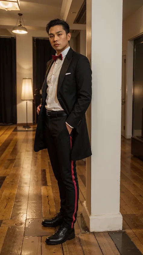 Indochine asian man wearing tuxedo coat stripes pattern dark black and red color and little red stripes line, pattern red stripes, red lines, red column lines, tuxedo style vintage fashion evening long tail coat and oval shape tail coat suit, wearing cumme...