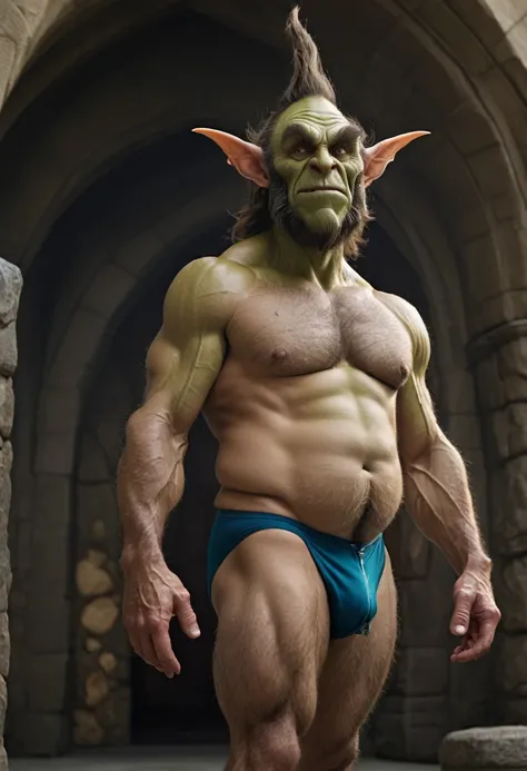 a tall goblin, hairy, muscular, speedo, BIG belly, swollen intestines, prominent belly, pointed ears