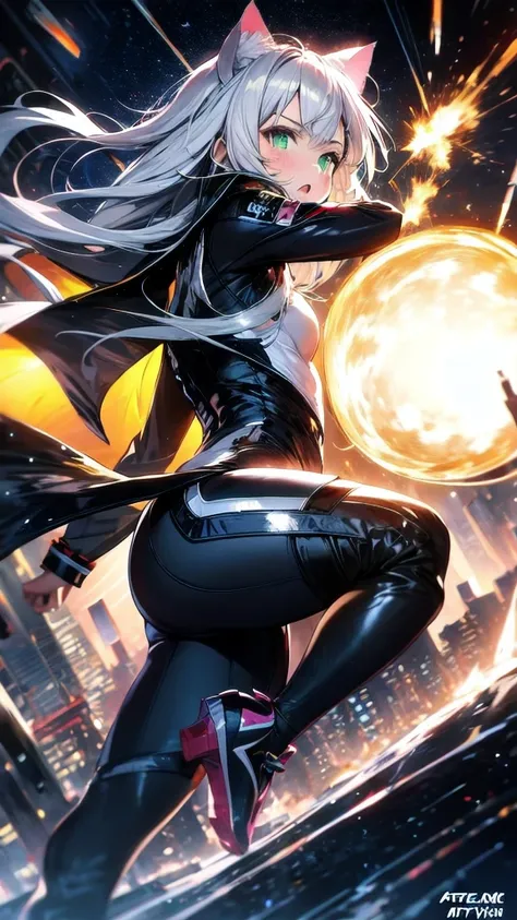 A silver-haired beautiful girl with cat ears eyes are green hair is silver and long clothes: a form-fitting black combat suit The fist is an afterimage The background is a city at night her is in a cat-like fighting pose The year is 14 years monitor, Dark ...