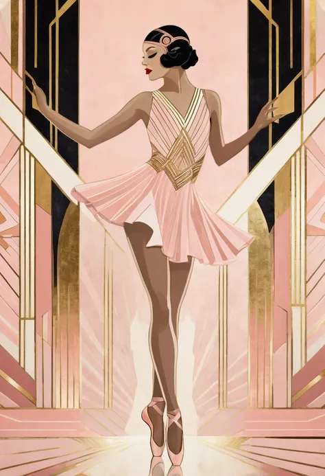 Ballet Dancer in Art Deco style, featuring blush pink and gold geometric shapes