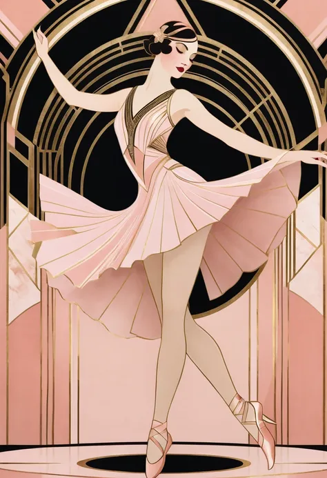 Ballet Dancer in Art Deco style, featuring blush pink and gold geometric shapes