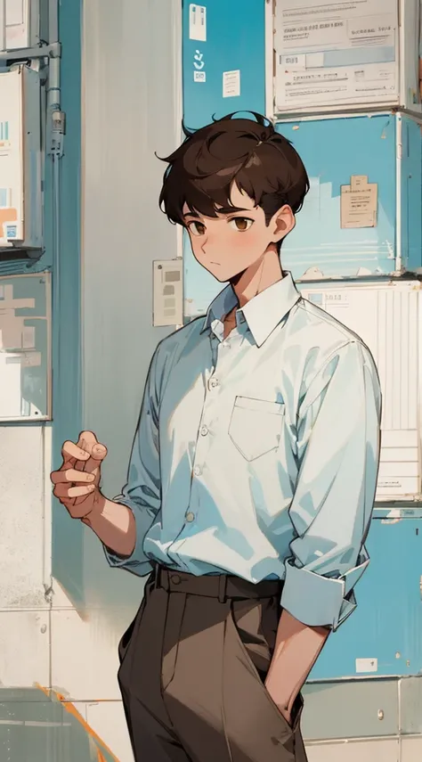 (masterpiece, best quality) detailed, 1Character , blue archive art style , pastel washed out colors , cell shade , soft, muted shades ,gentle colors , Fashion ad , wearing a collared shirt and khakis, urban environment, big city ,cute man , dark brown hai...