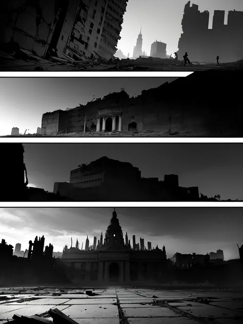 
In the first panel of a Webtoon, depict a character seen from behind, gazing at a ruined city. The scene should convey a melancholic and mysterious atmosphere, drawing the reader into a post-apocalyptic world.

The character stands at the center of the fr...