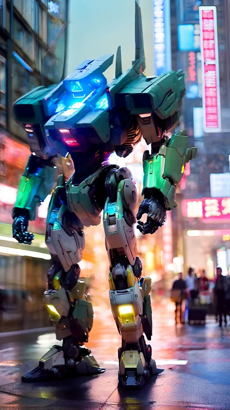 oliv green mecha, standing in the city street