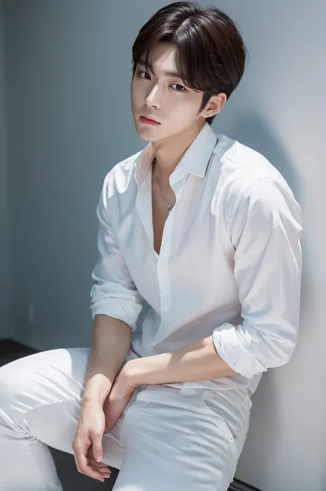 4K camera perfect face perfect skin Korean man white shirt 25 years old actor pure white background