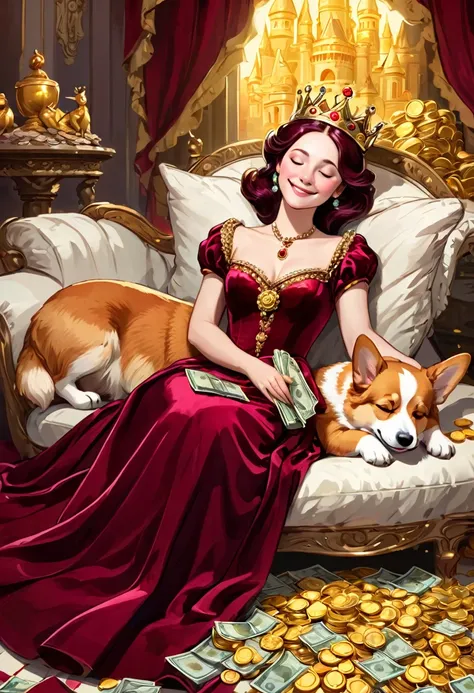 The princess is sleeping with her eyes closed and holding a sleeping corgi, smiling, a beautiful palace, surrounded by gold coins, stacks of gold coins and banknotes, the princess is wearing a luxurious wine red velvet dress, a crown ,Rose