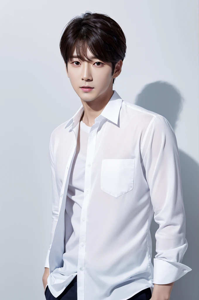 4K camera perfect face perfect skin Korean man white shirt 35 years old actor pure white background