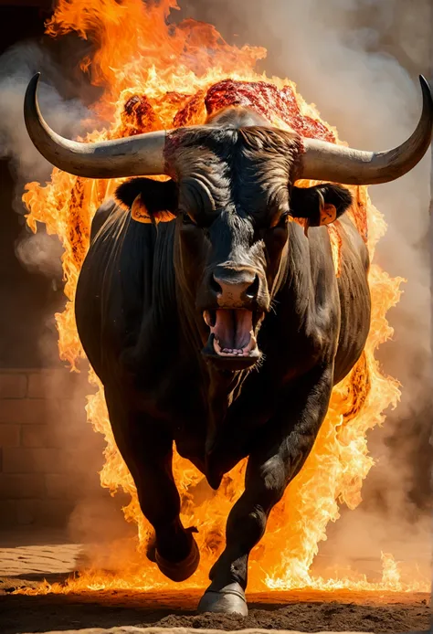 Image is a horrifying scene of the Brazen Bull being heated. Flames are visible under the bull, and smoke rises. The victim’s screams are shown emerging from the bull, converted into sounds resembling a bulls roar. The lighting is fiery and intense.