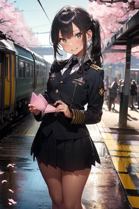 (masterpiece:1.2), (Military uniform magazine cover:1.4),best quality,PIXIV,Sweet girl , sexy posture,1girl, (perky chest:1.2), rolling upskirt by wind:1.6, (with sparkling eyes and a contagious smile),open mouth, (pointed chest:1.2),(The facial expression...