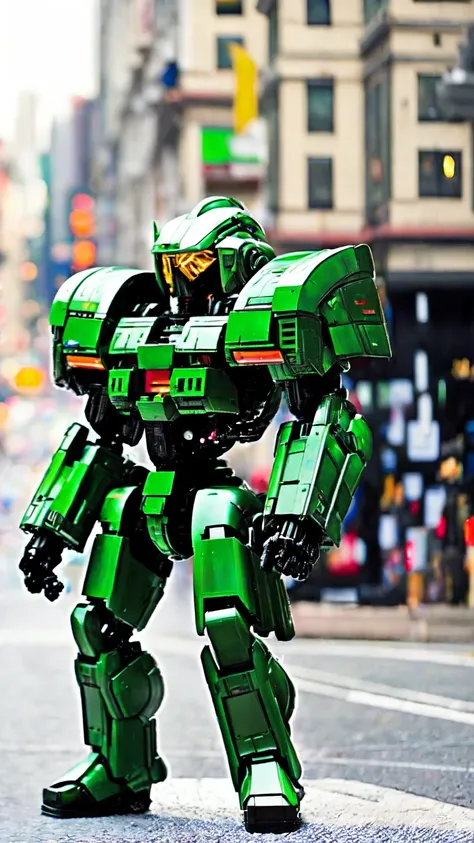 Oliv green Mecha, standing in the City Street