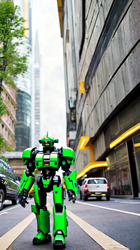 Oliv green Mecha, standing in the City Street