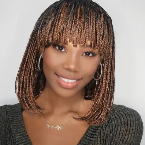 a close up of a woman with a brown and black hair, box braids, with full bangs, with short hair with bangs, black hair in braids, woman with braided brown hair, with bangs, brown fringe, short brown hair with bangs, with a brown fringe, wig, neat hair with...