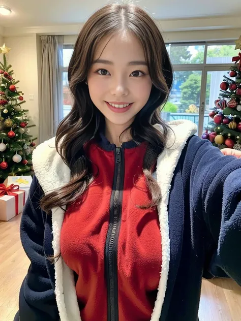 (Super cute Korean stepmother wearing fleece jacket takes photos dressed as big Santa Claus:1.2)(grin,smile:1.1)(Beautiful Sweat:1.1)(16K, RAW Photos, Highest quality, masterpiece: 1.2),(Cute hairstyle with shiny black hair) Super detailed, Super Resolutio...