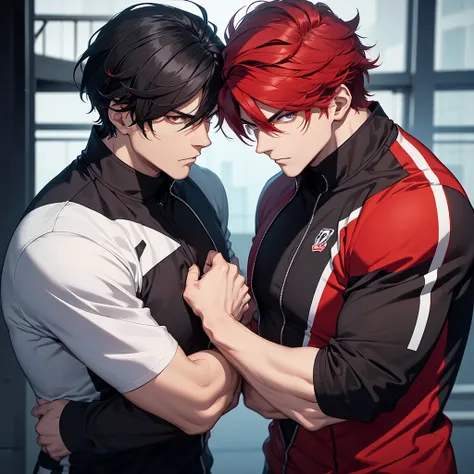 Two handsome guy glaring at eachother one with black hair and uniform and other with red hair in sport suit as they are rivals hense theres a tension between them . Everyone looking at them