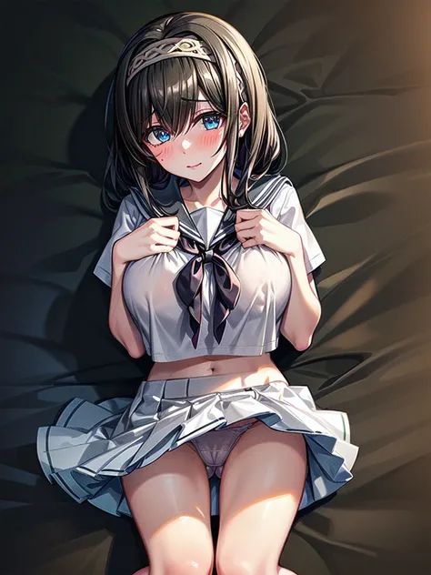 nsfw, (highly detailed beautiful face and eyes:1.2), (((lying))), bbfumika, idolmaster, long hair, hairband, (Sailor School uniform:1.5), ((huge breasted)), ((white pantie)), 1girl, solo, (lift shirt:1.5), (show off breasts:1.5), (spread legs:1.5, legs up:...