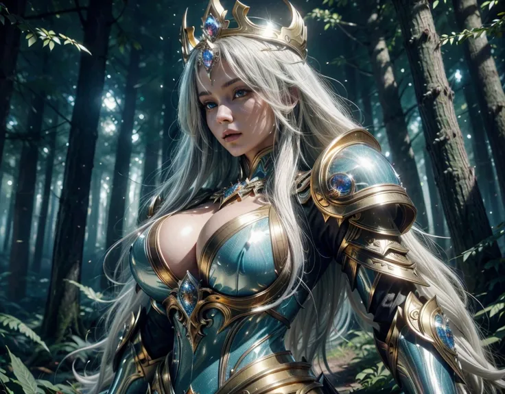  In a clear day forest, there is a woman highlighting her remains of her raspy feathers. A goddess with long white hair, ultra detailed eyes, gold crown with large magic crystal in the white shiny center, wearing a blue costume of paladin powers, futuristi...