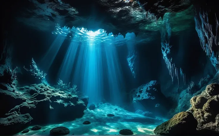 dark and gloomy underwater cave photo，we saw a huge weird (alien creatures:1.3) visible inside. sunlight through the darkness，cr...