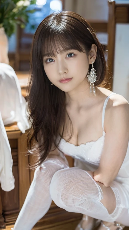 (8k, Realistic, RAW Photos, Highest quality: 1.4),Japanese idol-style beautiful girl,model,1 person,18-year-old,(Short Bob),(Black Hair),tiara,She has her hair tucked behind her ear,Transparent grey eyes,Long eyelashes,eyeliner,eyeliner,(Earrings(small)),c...