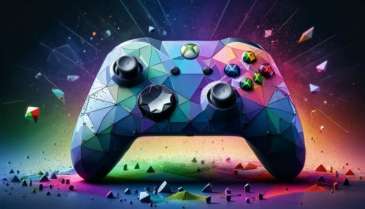 a photo shot of a xbox controller,ral-polygon,rainbow colored dust in the background,masterpiece,high quality,