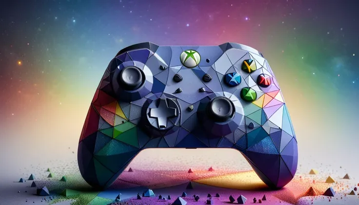 a photo shot of a xbox controller,ral-polygon,rainbow colored dust in the background,masterpiece,high quality,