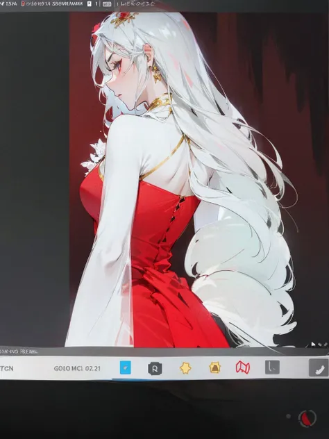 Add in roses to her dress, a good back dress design with some golden jewelry, make her dress into a red and white gown with a hat, give her some unique Jewelry, and make her look somewhat of a demonic angel like appearance to her