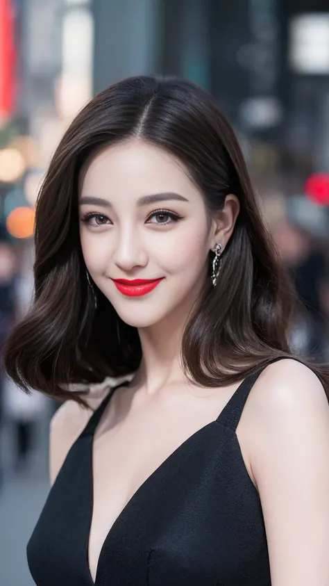 ((Best quality, 8k, Masterpiece :1.3)), 1girl, smiling, Red lipstick, sensual Lipstick, Sensational Make up, full body, slim face, Pretty woman, (Dark brown hair), full length dress :1.1, Ultra-detailed face, Detailed eyes, Double eyelid, blur background, ...