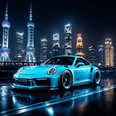 Realistic lighting, best quality, 8K，porsche911，Drifting, Cyber style, the background is a night view shanghai