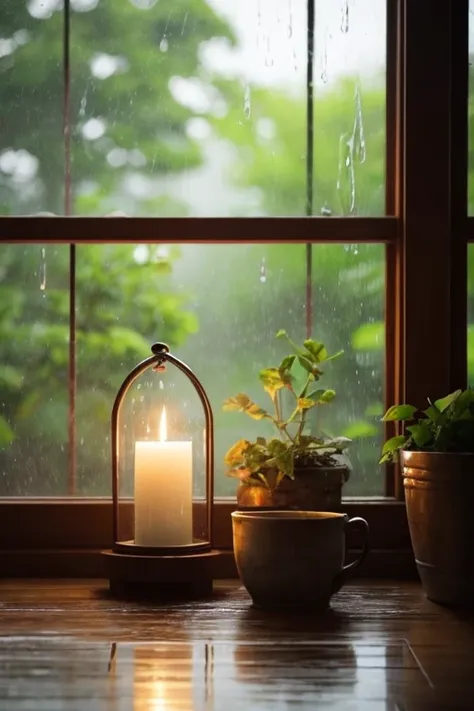 Imagine you are sitting by a large window on a rainy day. The sound of raindrops gently tapping against the glass creates a soothing melody. You are wrapped in a soft blanket, feeling warm and cozy. The room is softly lit by a few candles, adding to the tr...