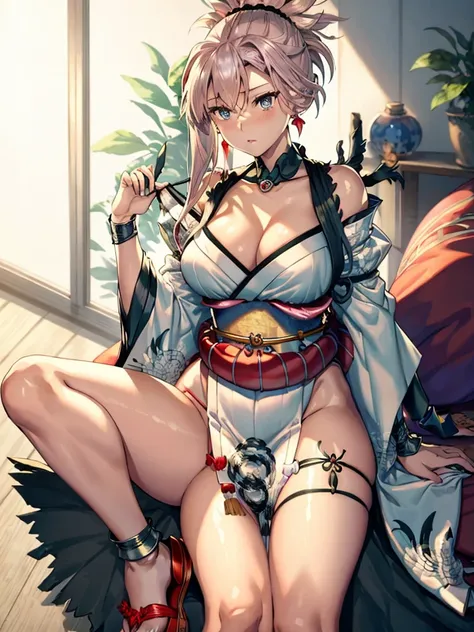 (Highly detailed CG), (Highest quality), Perfect Face, Glowing Skin, Shiny skin,Wide Hips,A girl with a small waist,独奏  、Musashi Miyamoto　Berserker, ,necklace, Swept-apart bangs, white kimono, sheath,Exposing shoulders, things,Blonde,Wide sleeves, 勾玉neckla...