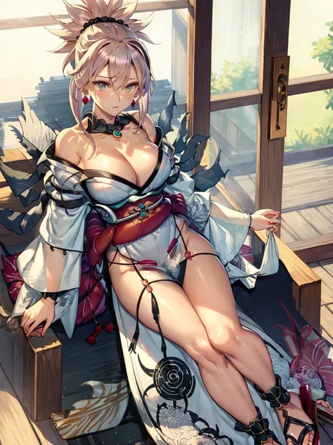 (Highly detailed CG), (Highest quality), Perfect Face, Glowing Skin, Shiny skin,Wide Hips,A girl with a small waist,独奏  、Musashi Miyamoto　Berserker, ,necklace, Swept-apart bangs, white kimono, sheath,Exposing shoulders, things,Blonde,Wide sleeves, 勾玉neckla...