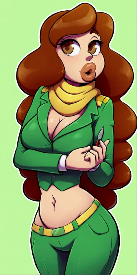  A tender Russian woman with a big chest, a character with longer wavy hair, bright red, her brown eyes, rectangle pupils, big lips, pink, a light green military suit, a yellow line brushes, a navel and her light green pants, a yellow scarf on her waist.