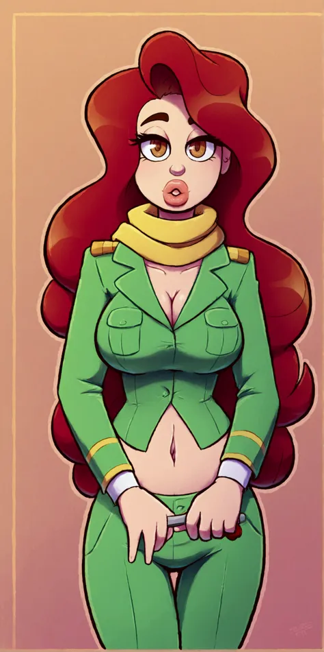  A tender Russian woman with a big chest, a character with longer wavy hair, bright red, her brown eyes, rectangle pupils, big lips, pink, a light green military suit, a yellow line brushes, a navel and her light green pants, a yellow scarf on her waist.