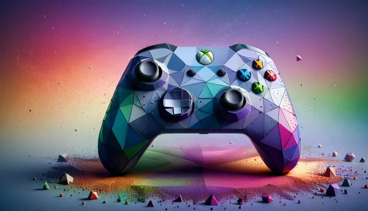 a photo shot of a xbox controller,ral-polygon,rainbow colored dust in the background,masterpiece,high quality,