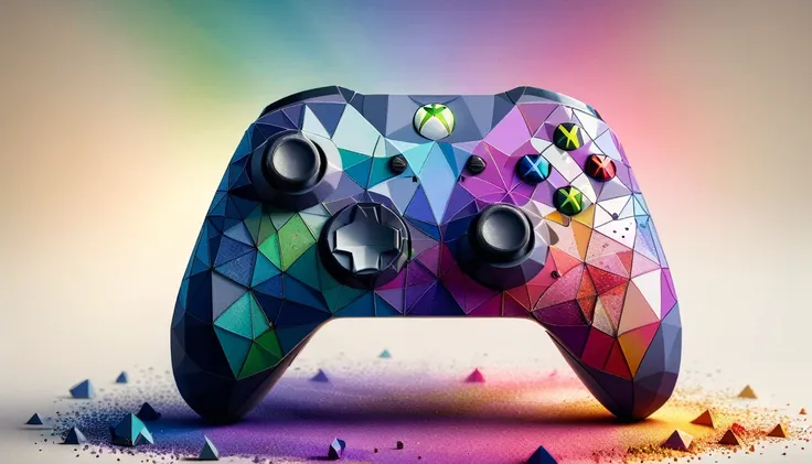 a photo shot of a xbox controller,ral-polygon,rainbow colored dust in the background,masterpiece,high quality,