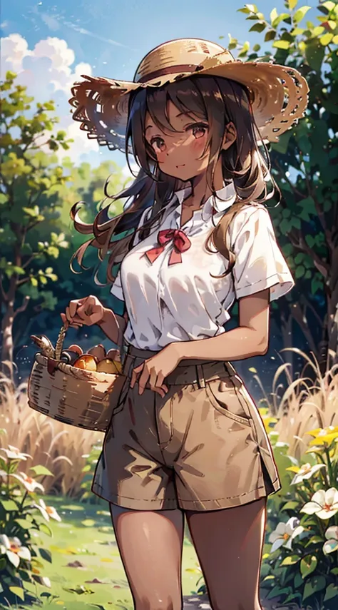 country girl，short-sleeved shirt，short-sleeved shirt，shorts，straw hat，sunlight，enthusiastic，cheerful，sunlight，solarised，solarise...